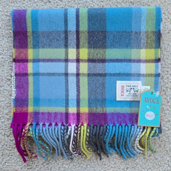 NWT Merino Wool Plaid Scarf AVOCA Ireland Blue & Purple Plaid - Picture 9 of 10